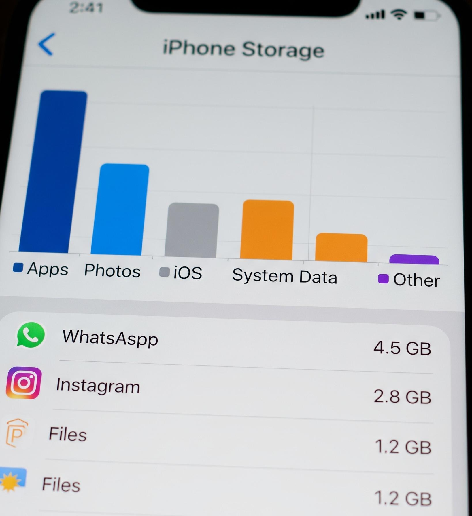 iPhone Storage screen showing categories and largest apps